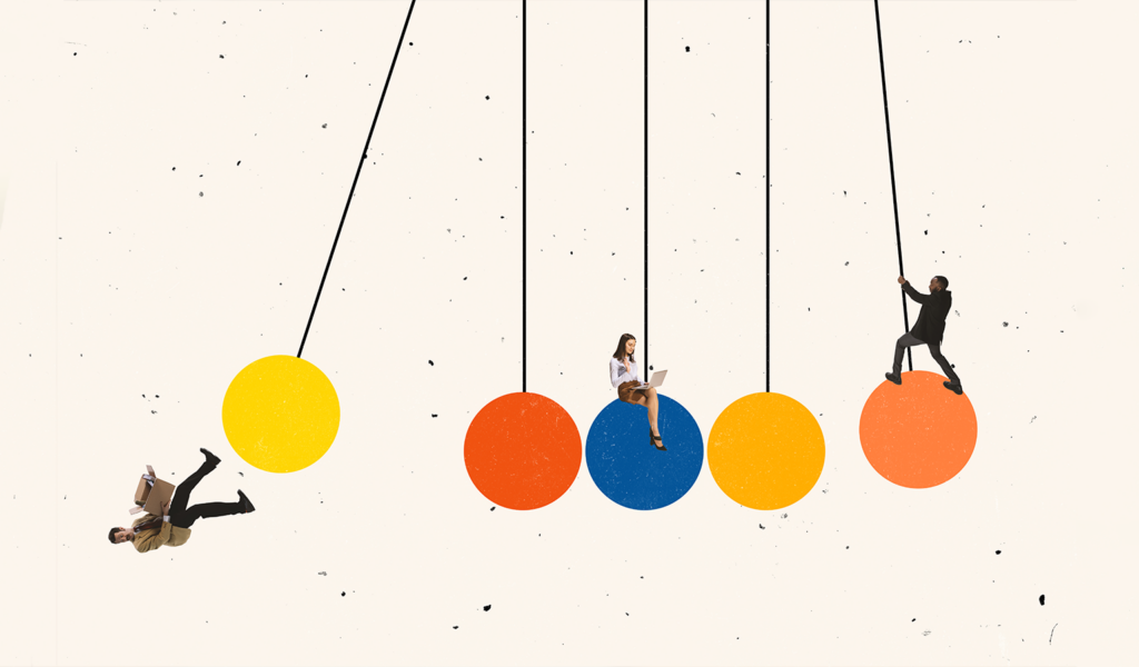 Illustration of a Newton's cradle with colored spheres, representing the chain reaction of an enablement vendor merger