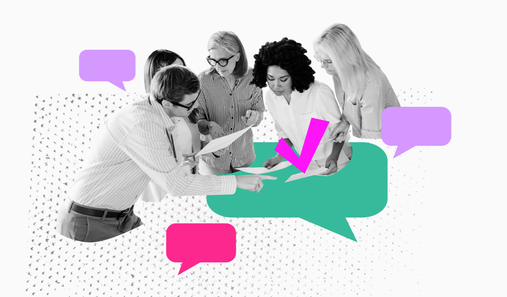 Illustrated collage of a team reviewing content together with speech bubbles and a checkmark, representing content approval